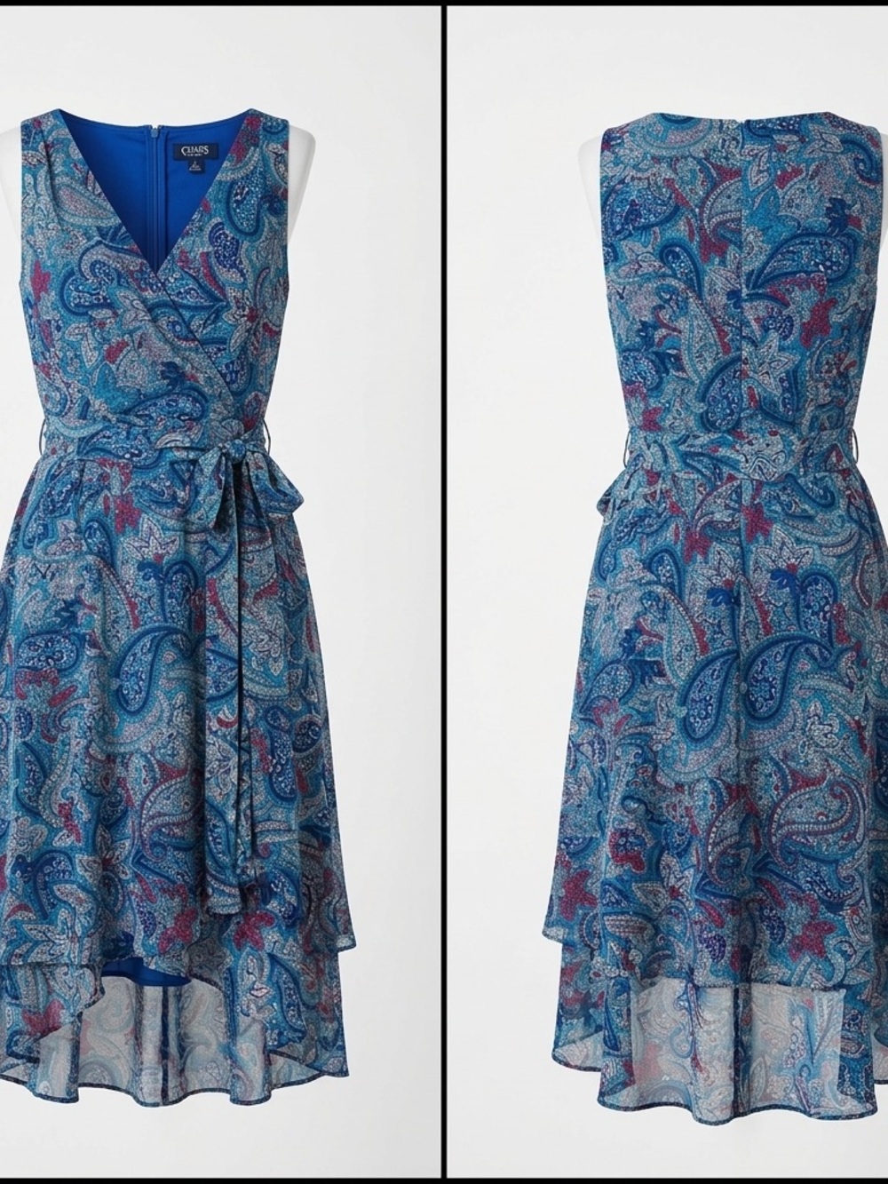 Chaps Blue Paisley High-Low Wrap Dress 10P